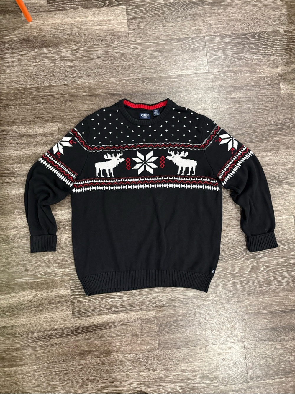 Chaps Black Crewneck Sweater with White Moose Fair Isle and Red Accents